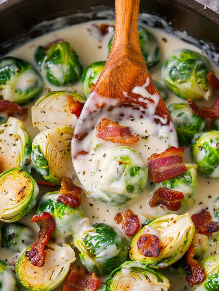 A wooden spoon is in a bowl of Brussels sprouts in Alfredo sauce.