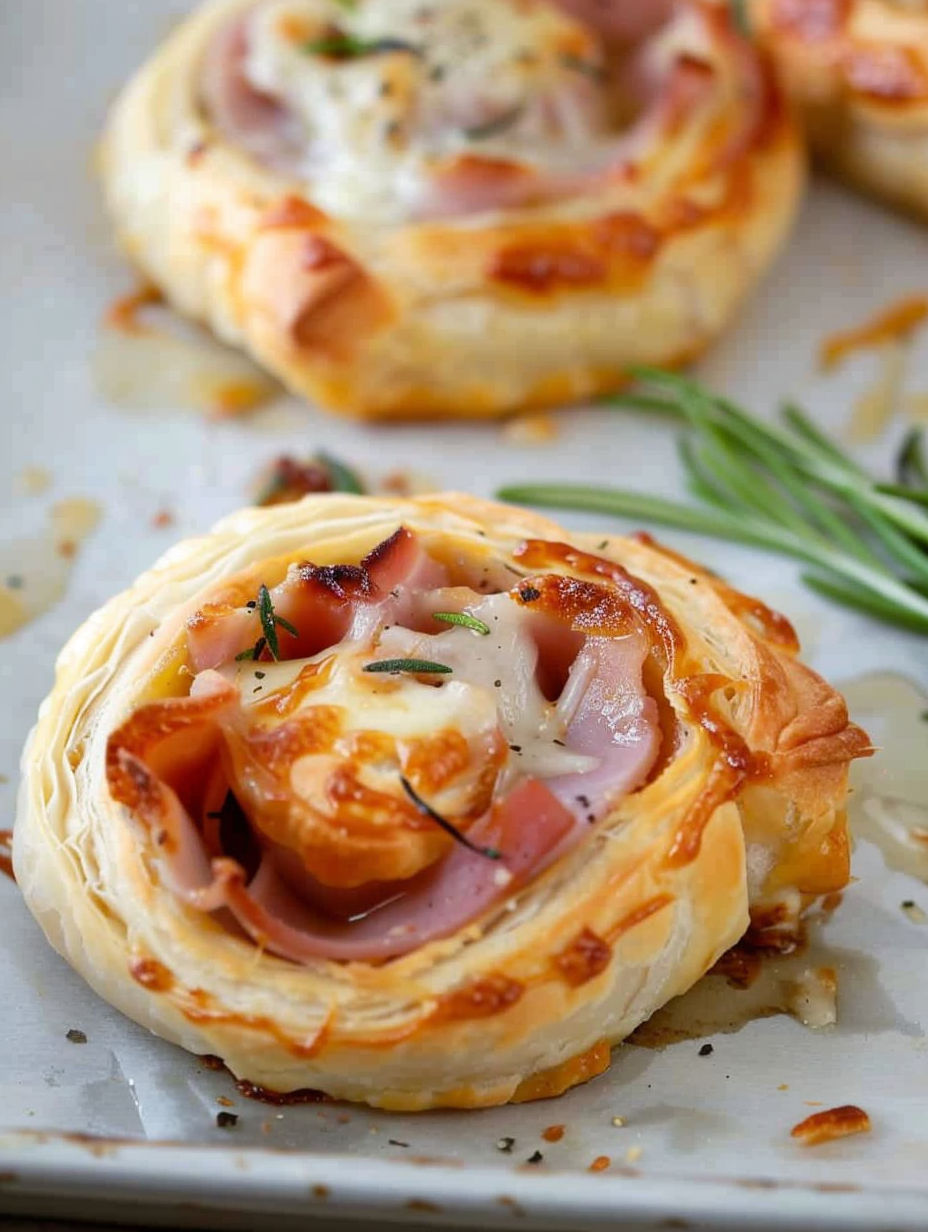 Two ham and cheese pinwheels on a white plate.