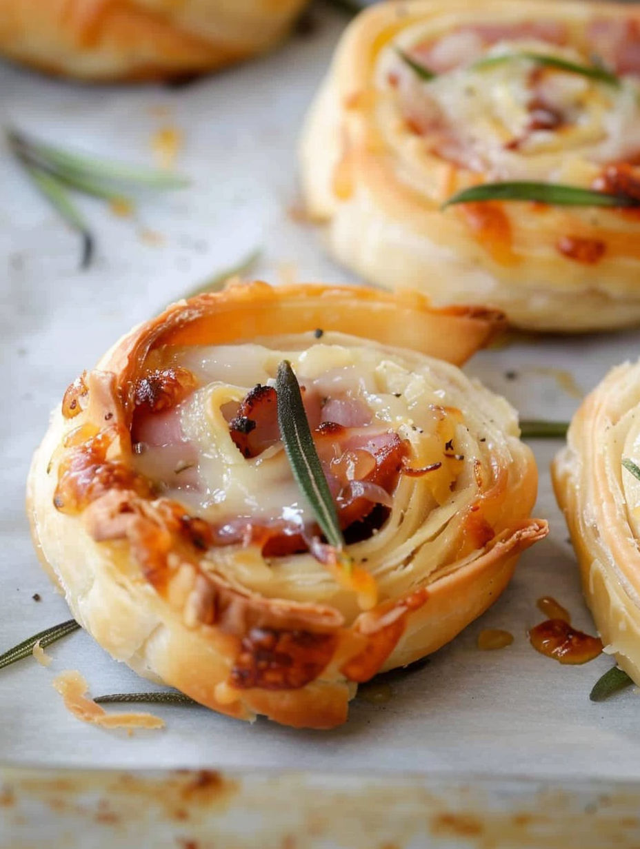 Two ham and cheese pinwheels on a white plate.