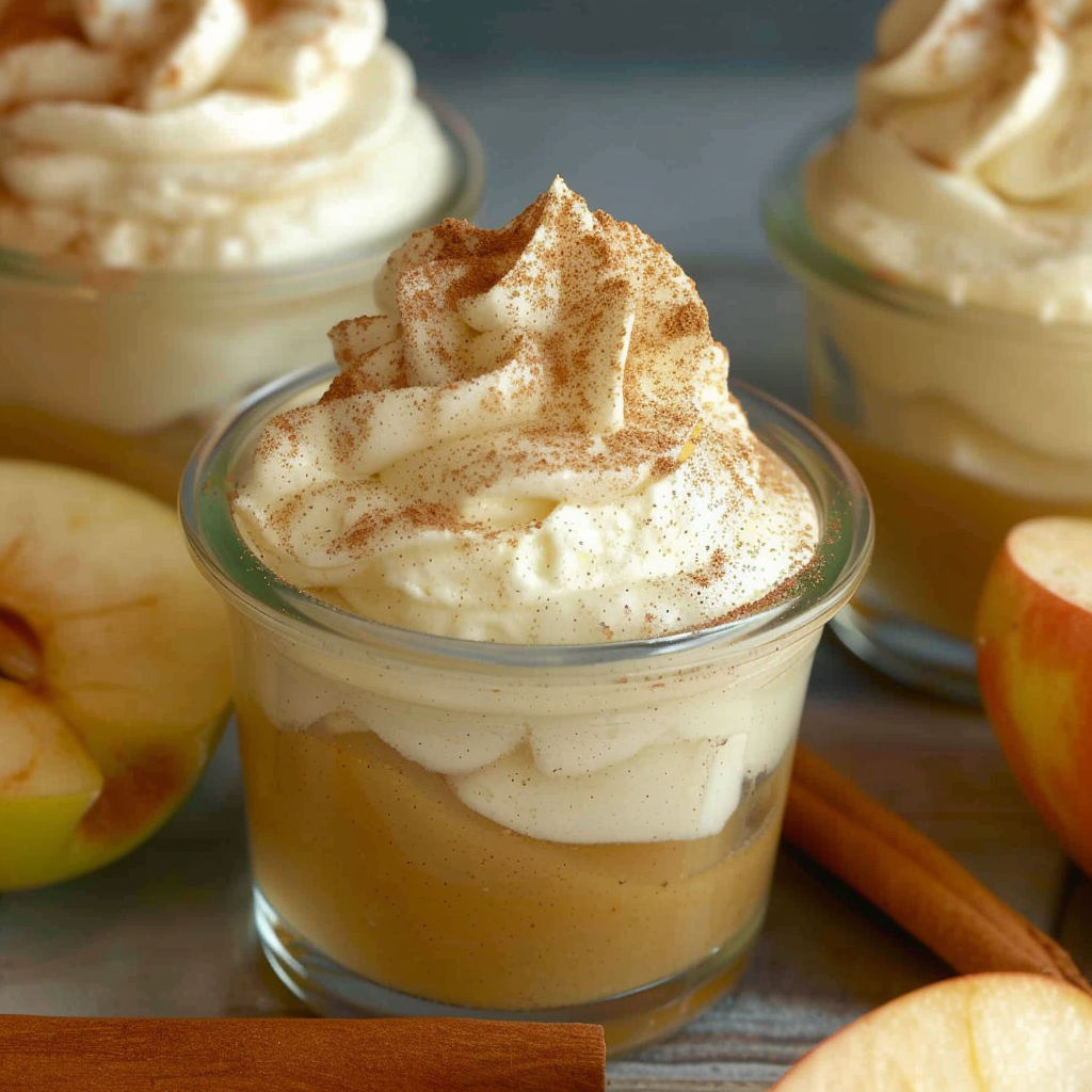 A glass of zimtcreme with a piece of apple.