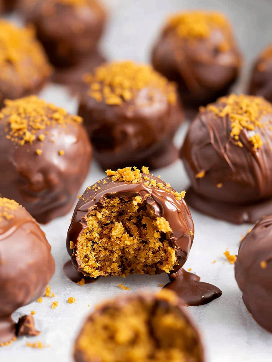Chocolate truffles with orange sugar on top.
