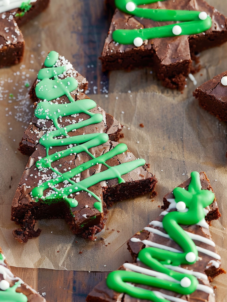 A slice of chocolate cake with green frosting and white sprinkles.