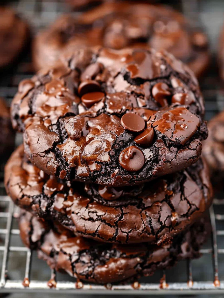 A stack of chocolate cookies with chocolate chips on top.
