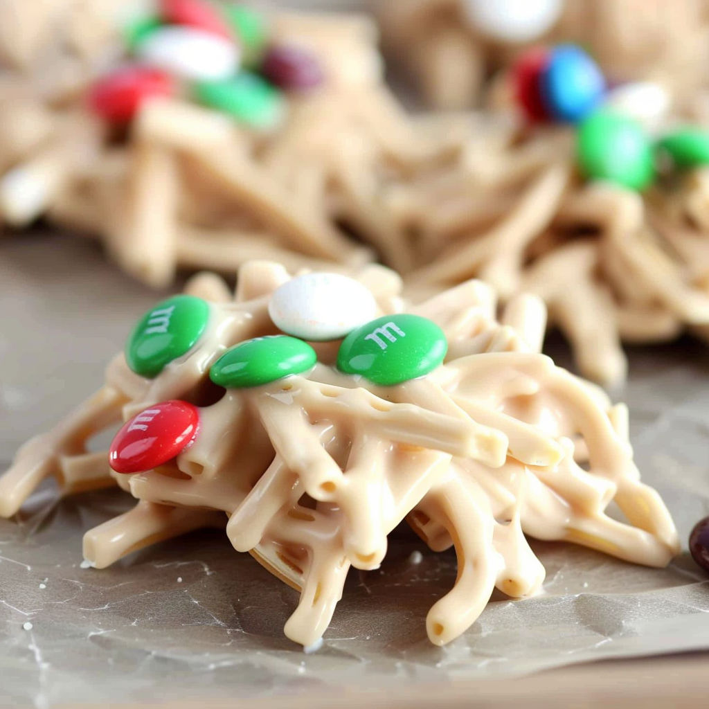 A close up of a holiday haystack recipe.