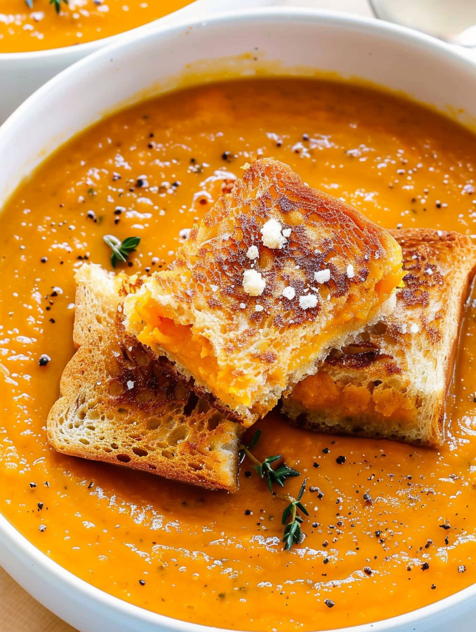 A bowl of spicy pumpkin soup with grilled cheese croutons.