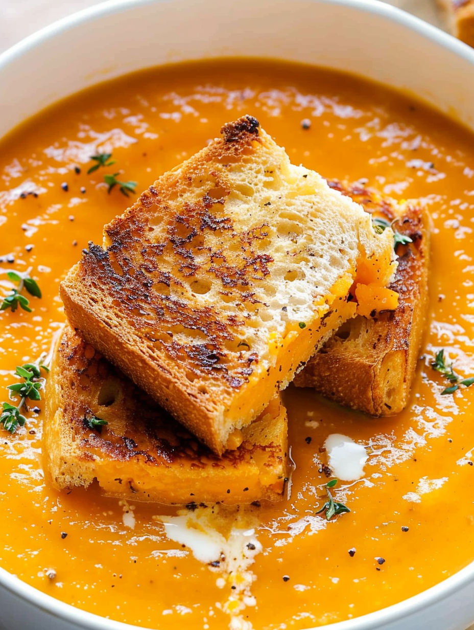 A bowl of spicy pumpkin soup with grilled cheese croutons on top.