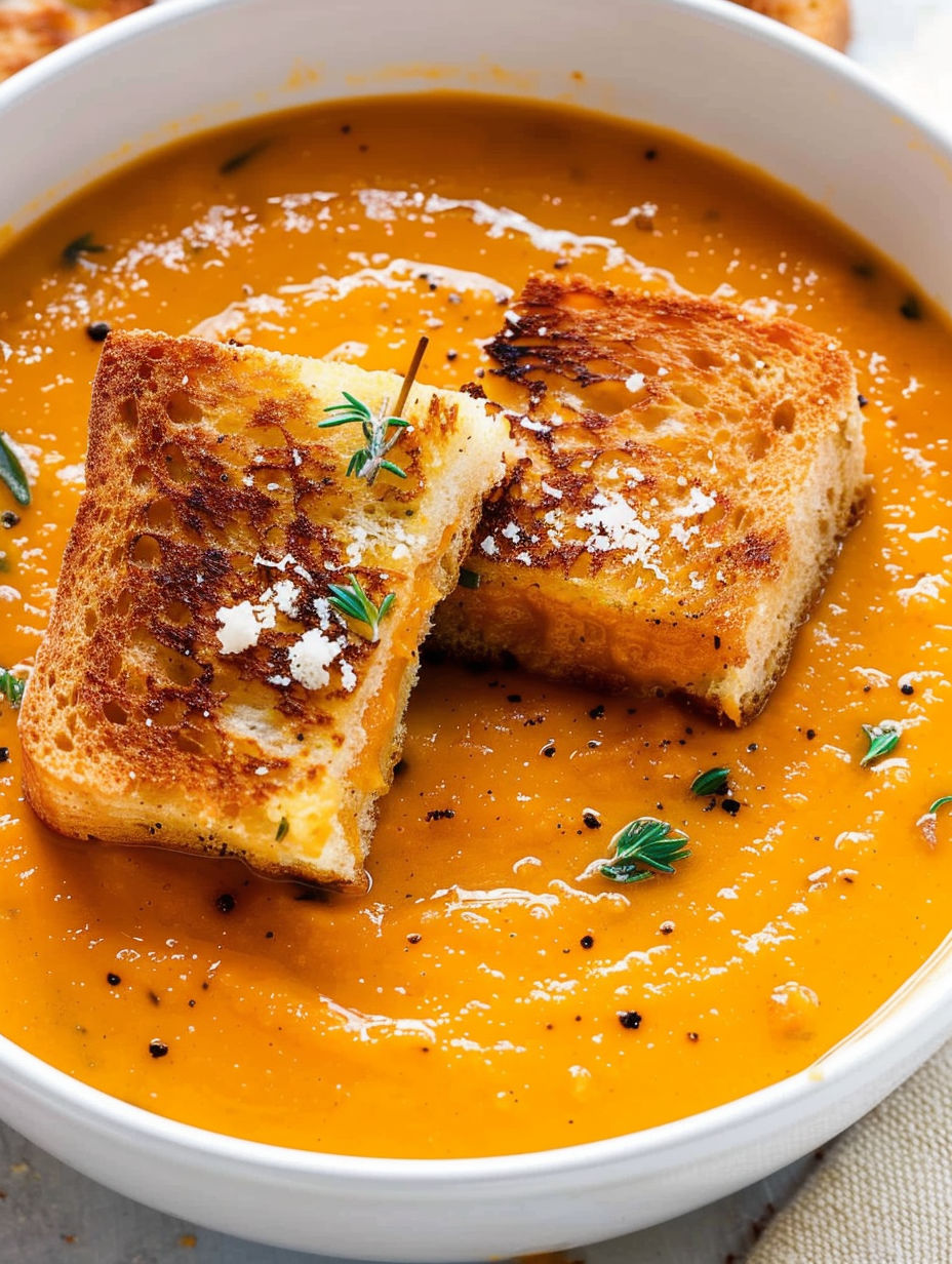 A bowl of soup with grilled cheese croutons on top.