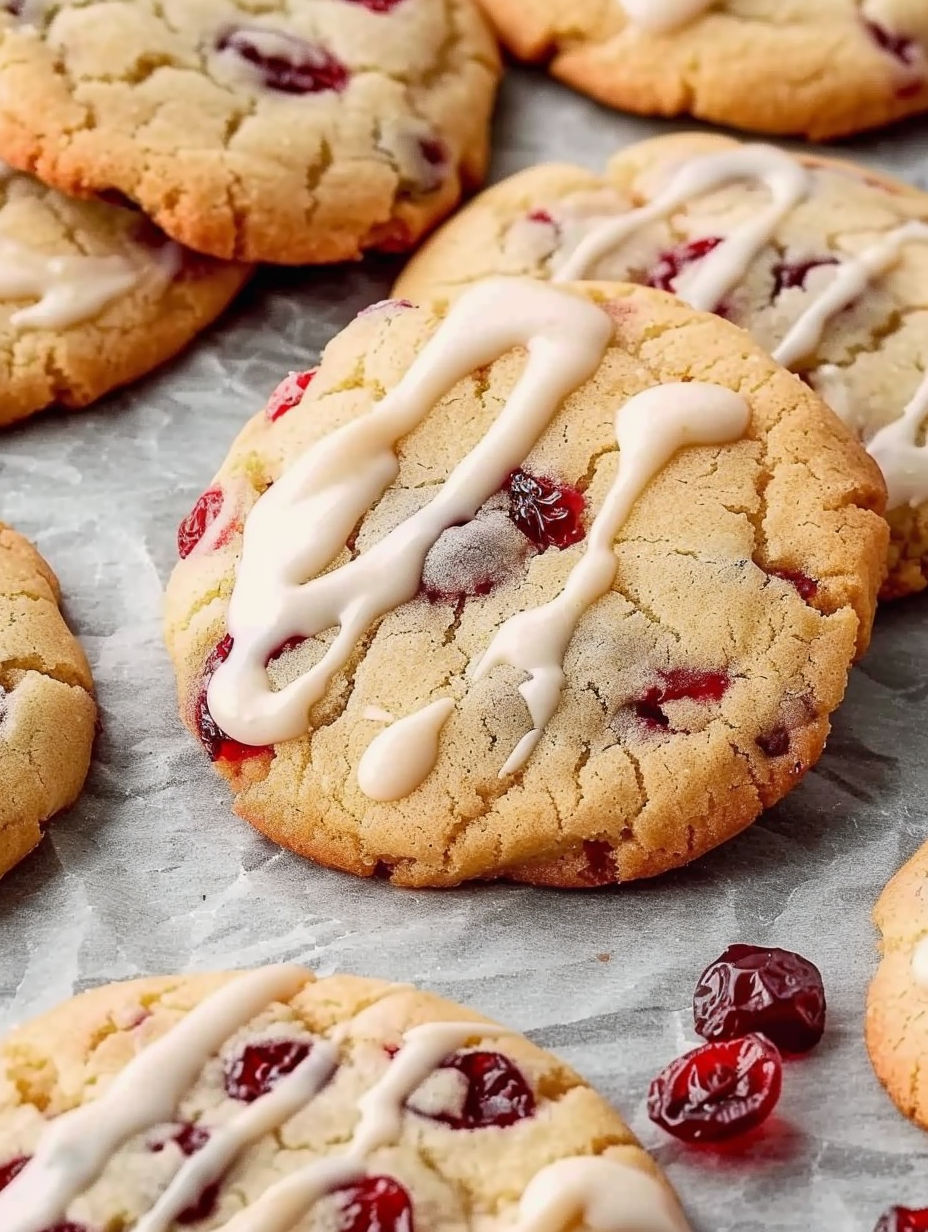 A cookie with white icing and red berries.
