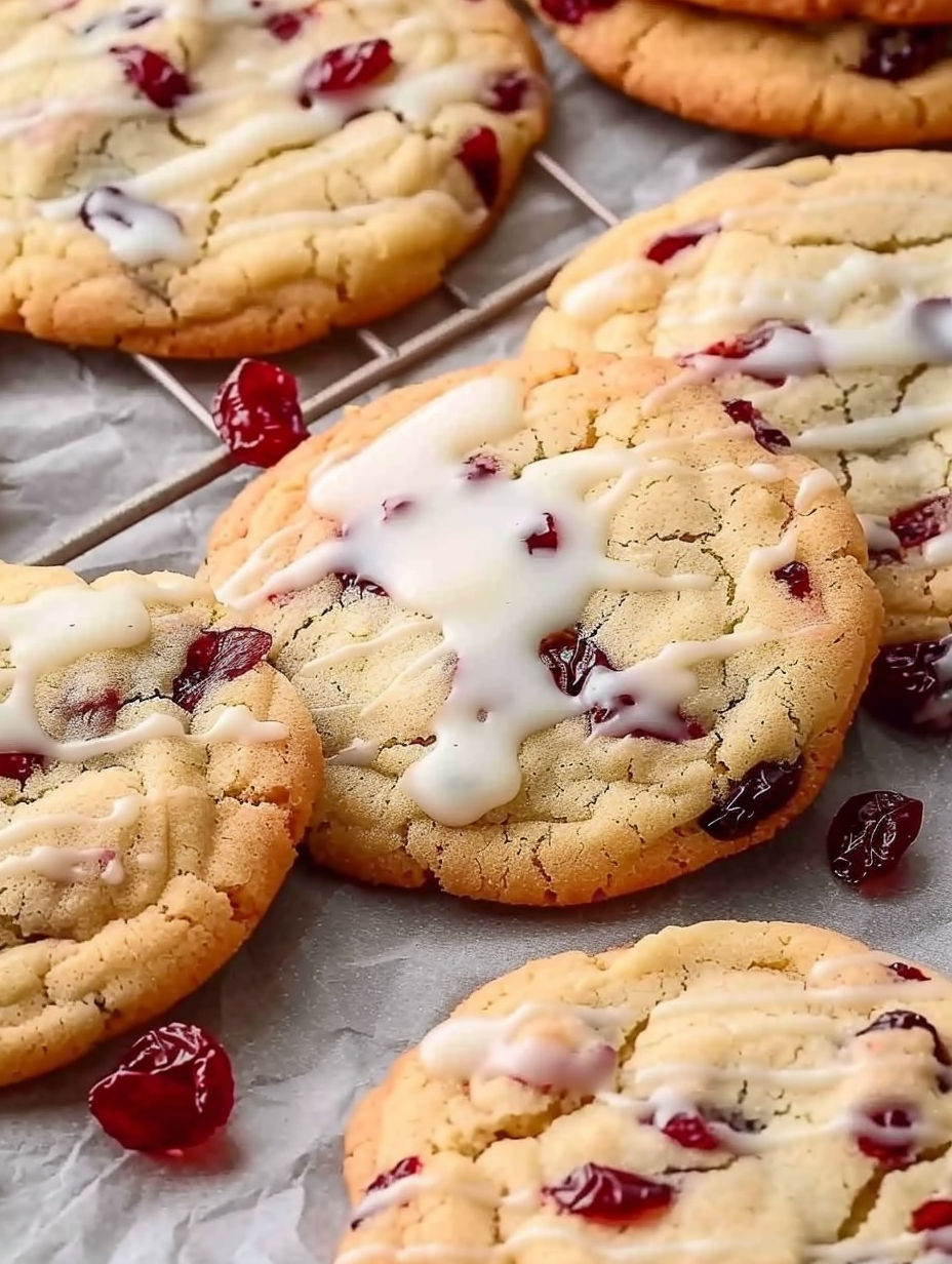 A plate of cookies with white icing and red berries.