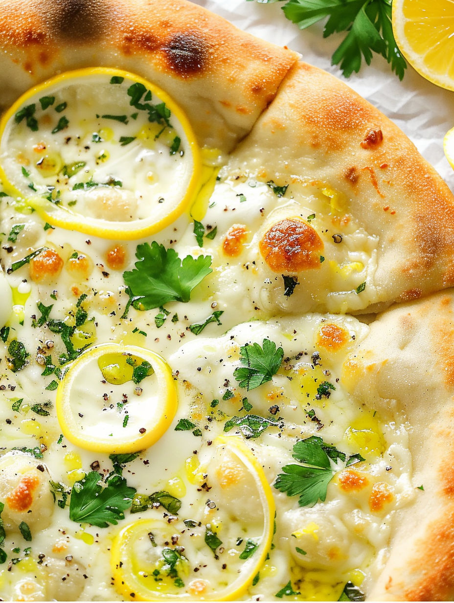 A pizza with yellow lemon slices on top.