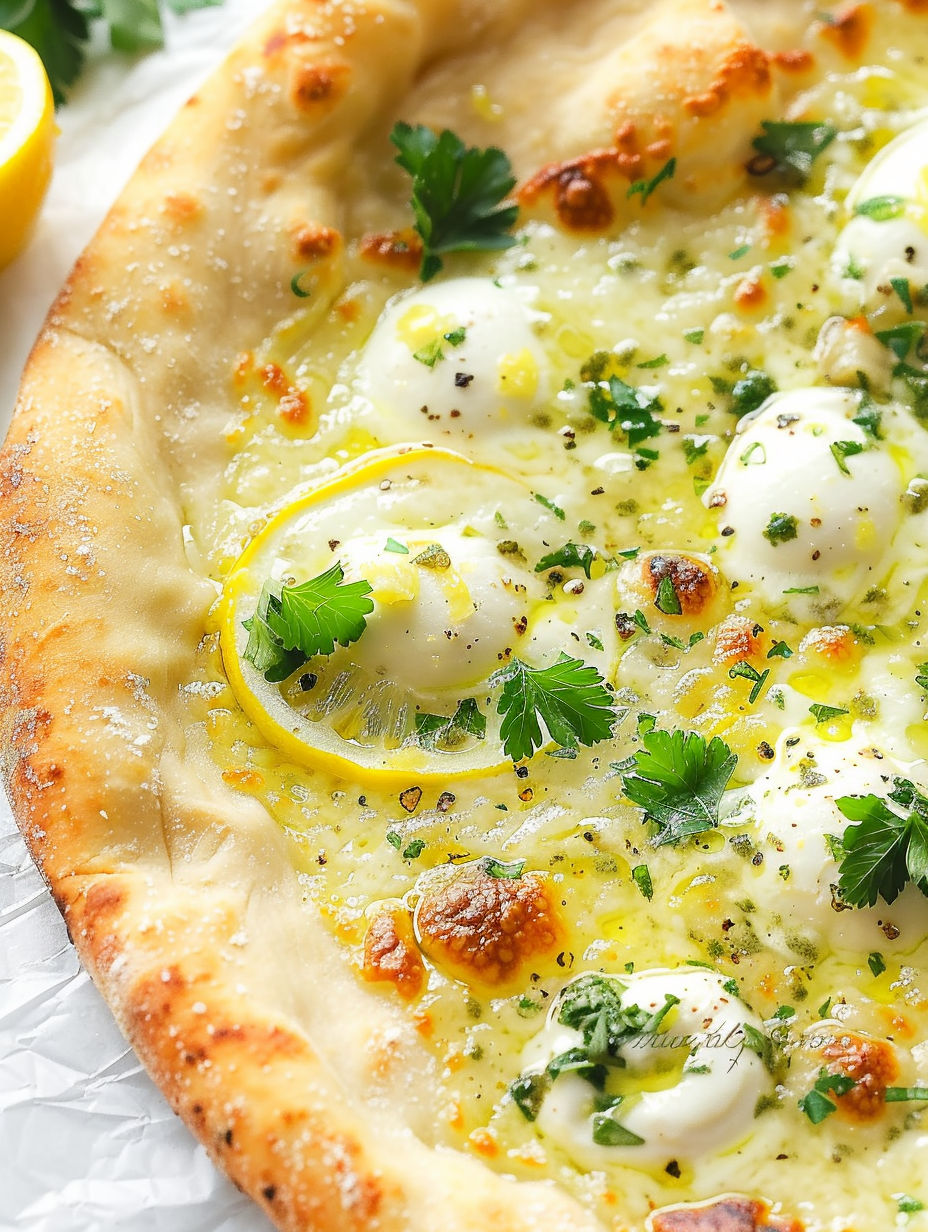 A pizza with cheese and lemon on top.