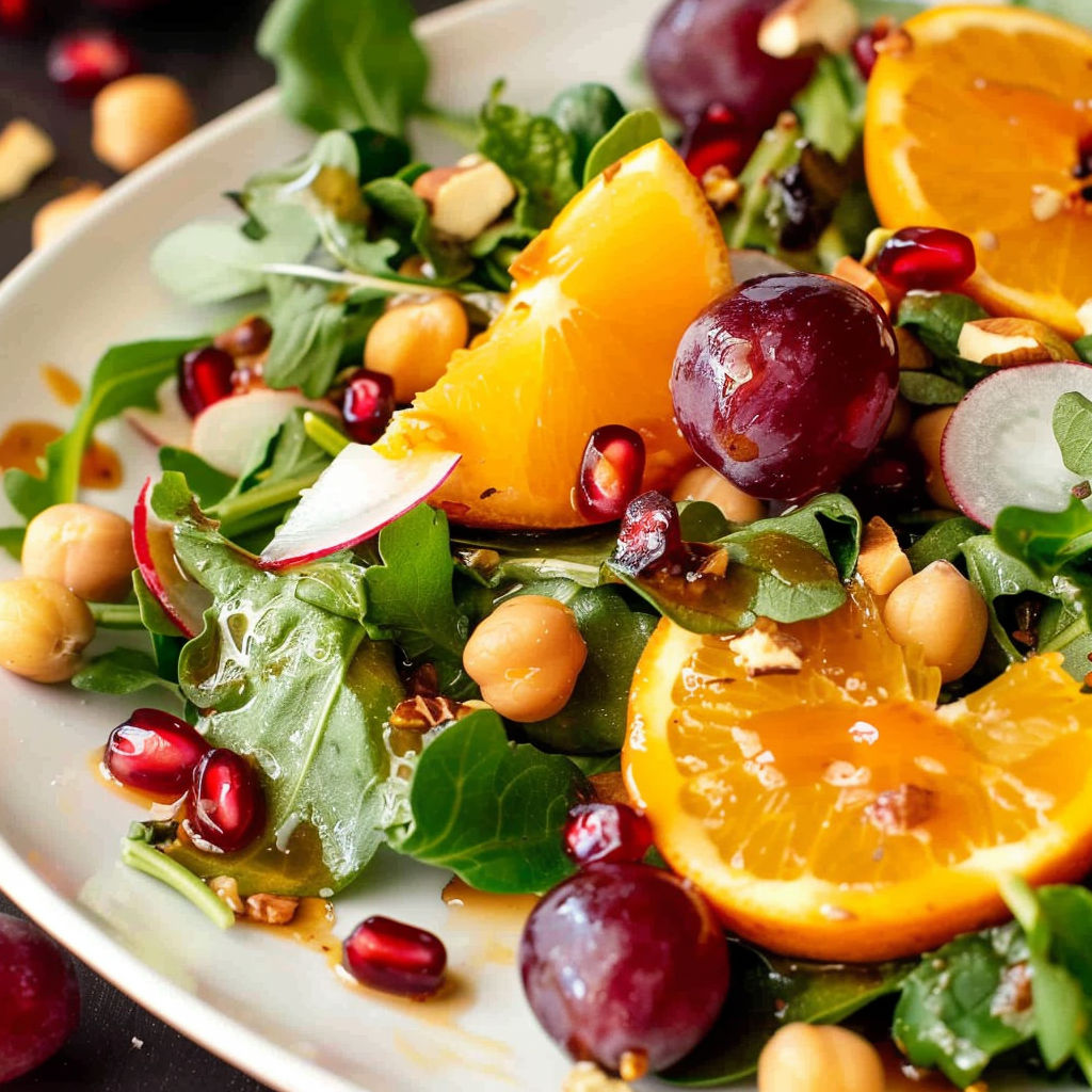 A salad with oranges, cherries, and greens.