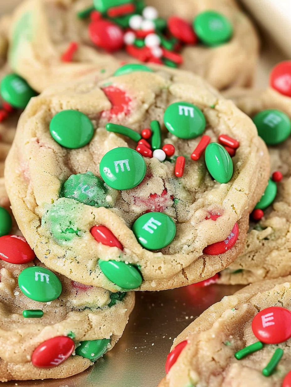 A close up of a cookie with green and red M&M's.
