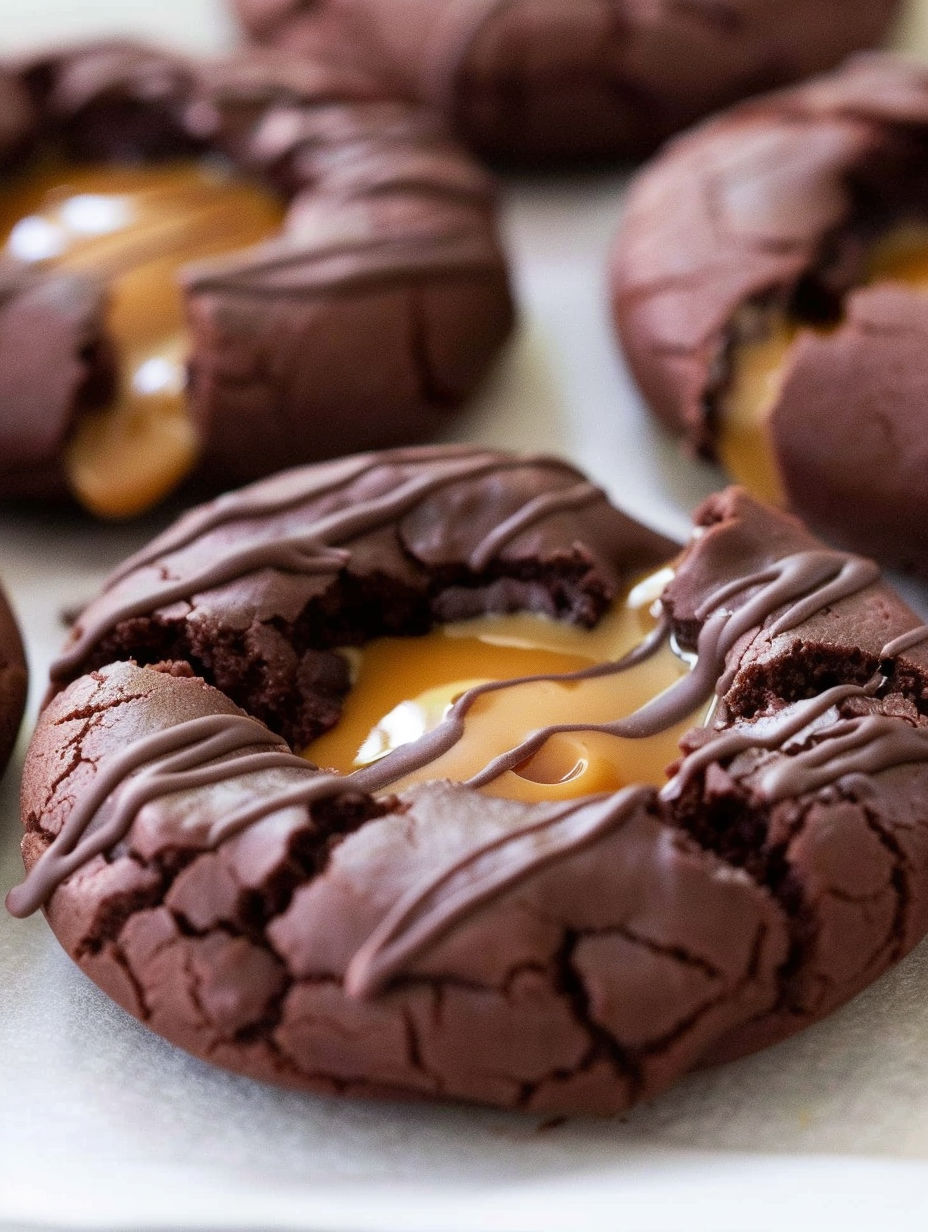 A chocolate caramel thumbprint cookie with a bite taken out of it.