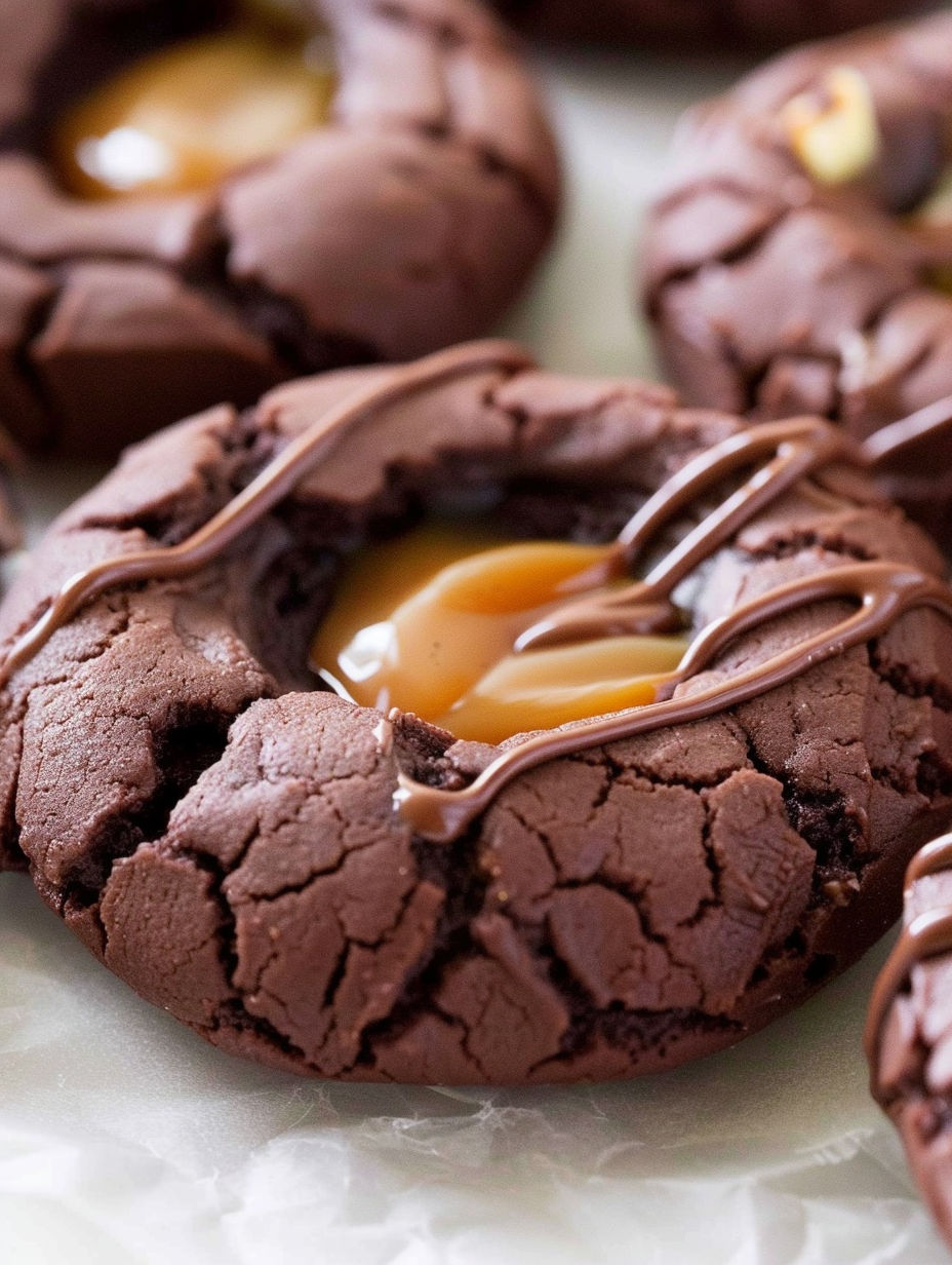 A close up of a chocolate caramel thumbprint cookie.