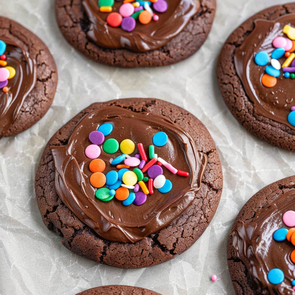 Chocolate cookies with chocolate drizzle and sprinkles.
