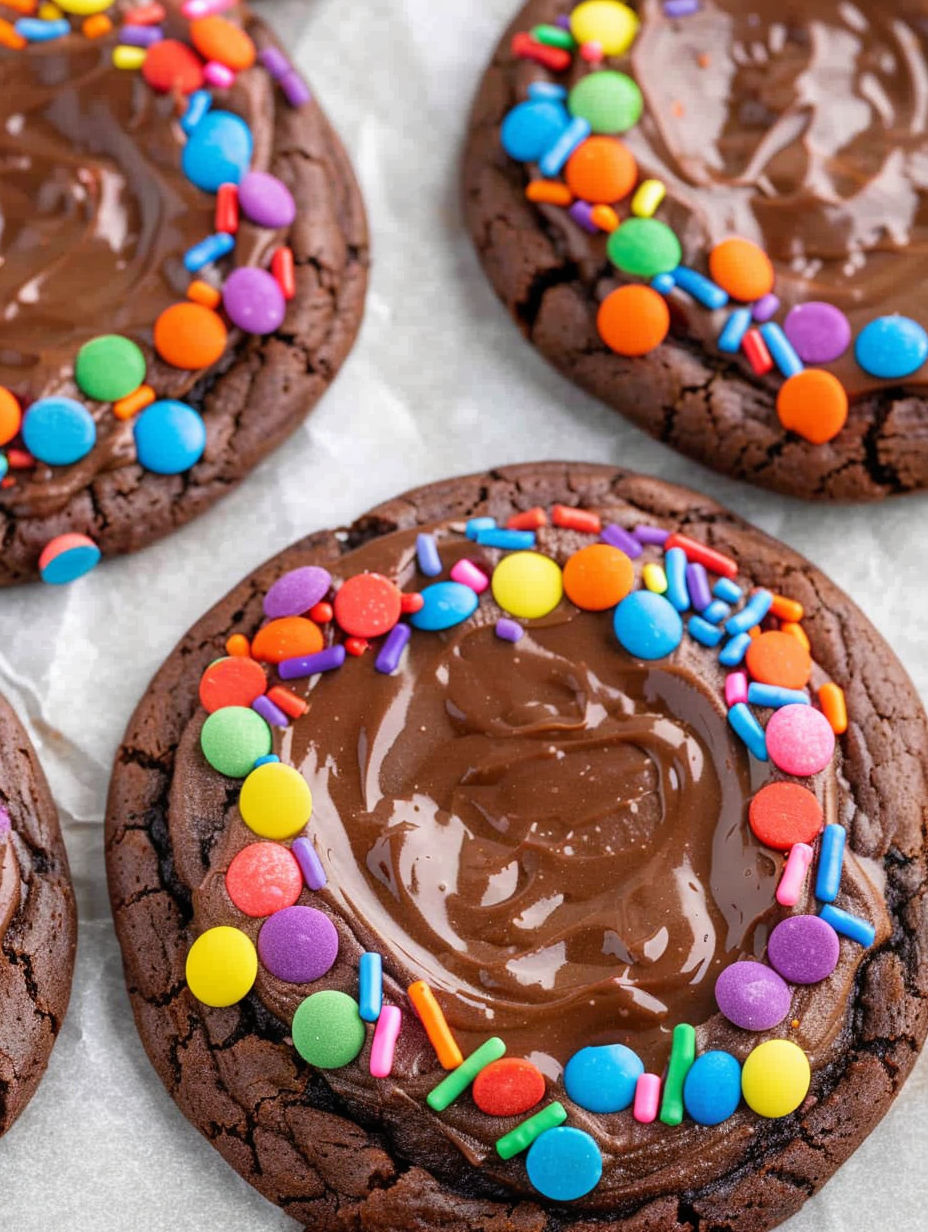 A close up of a chocolate cookie with chocolate drizzle and sprinkles.