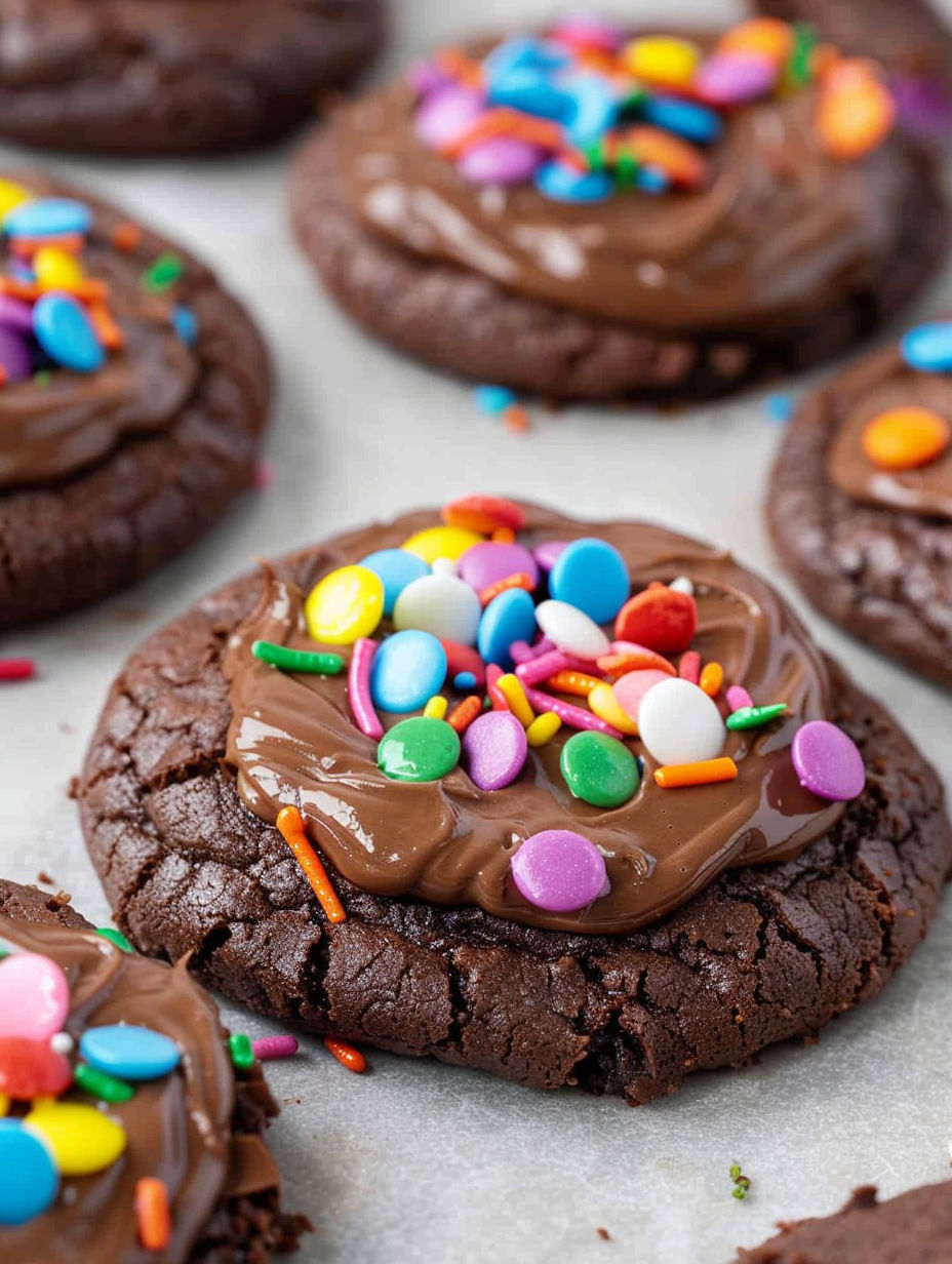 Chocolate cookies with chocolate and rainbow sprinkles.