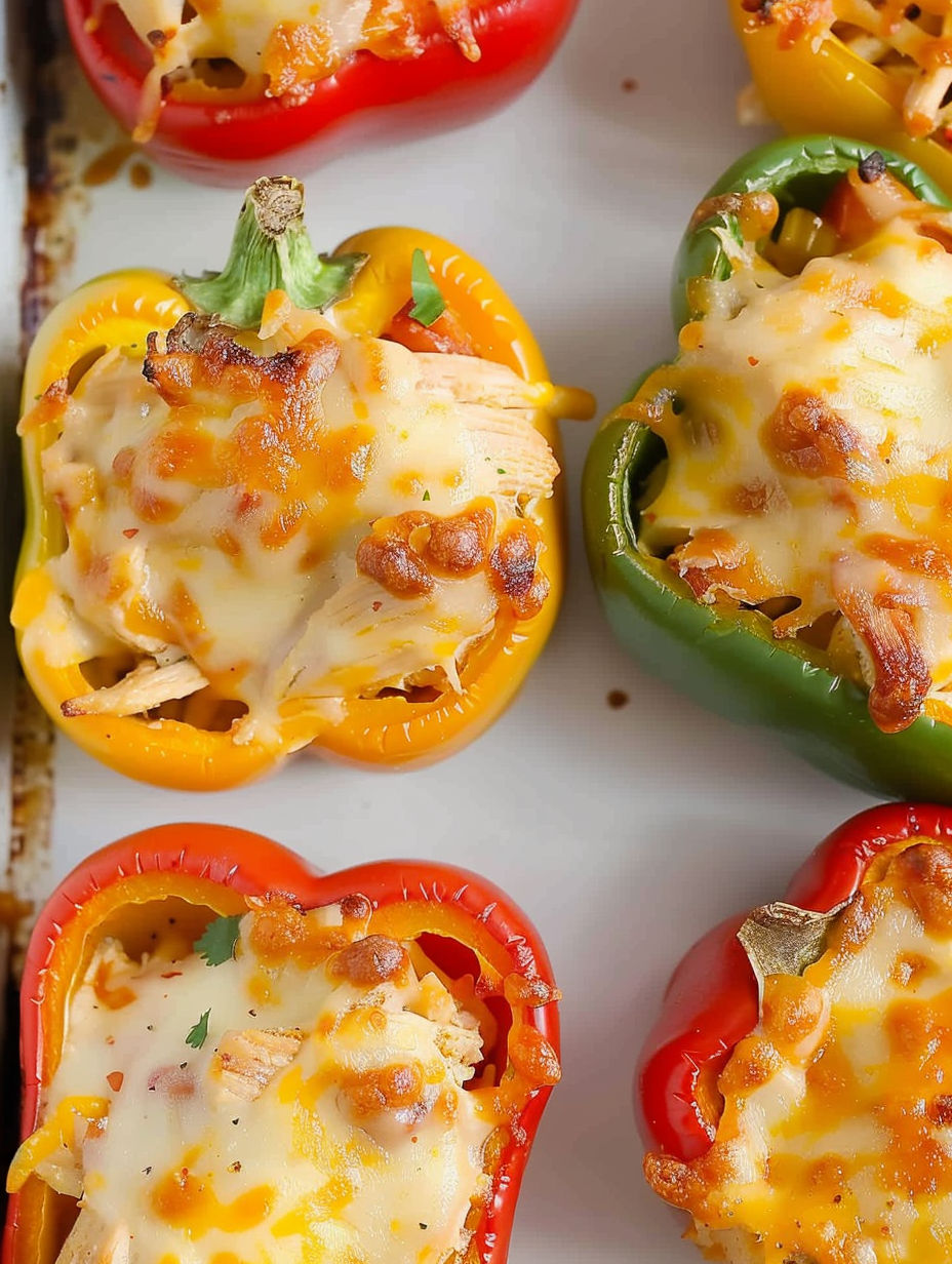 Chicken stuffed bell peppers on a white plate.