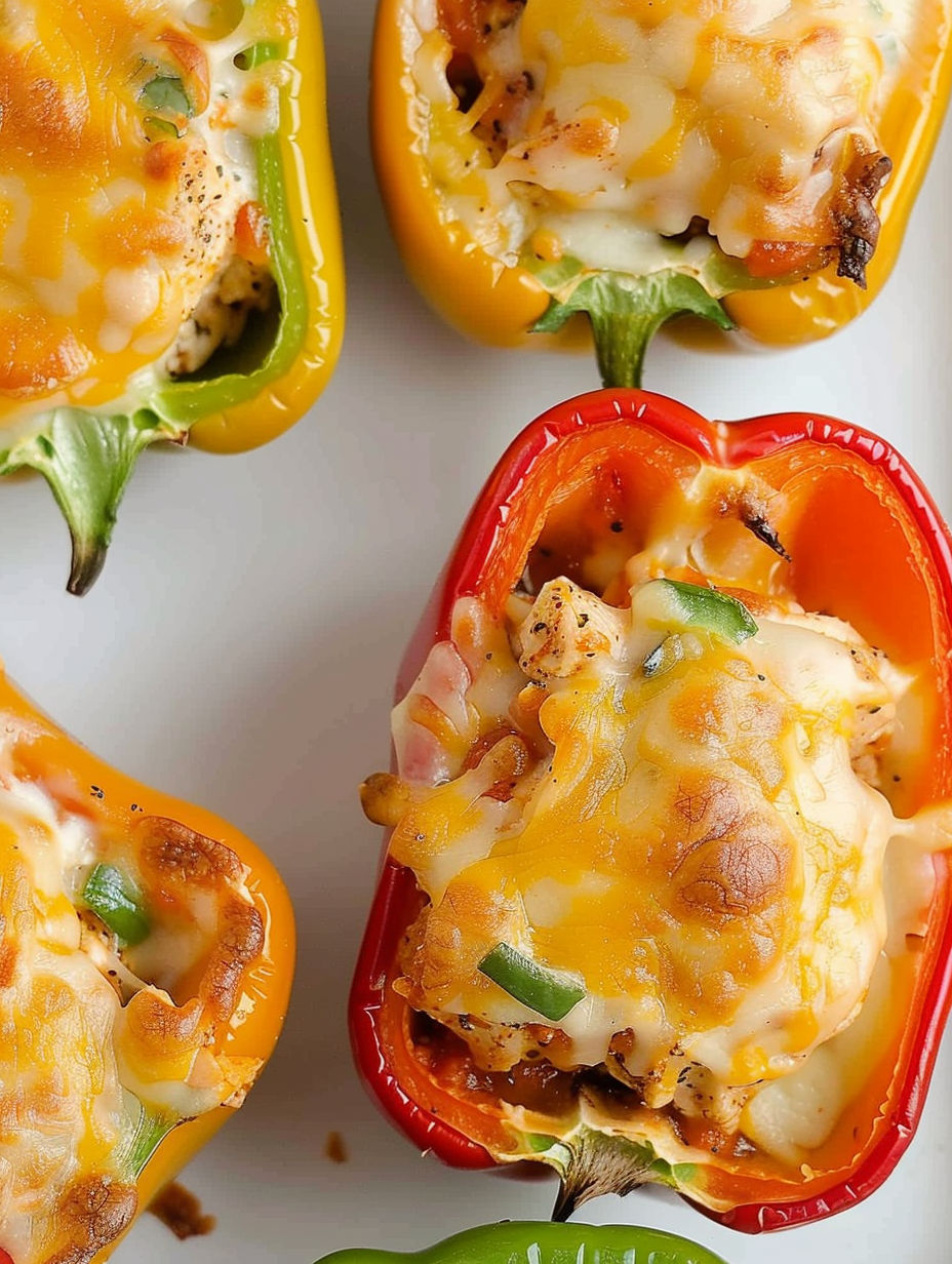 Chicken stuffed bell peppers on a plate.