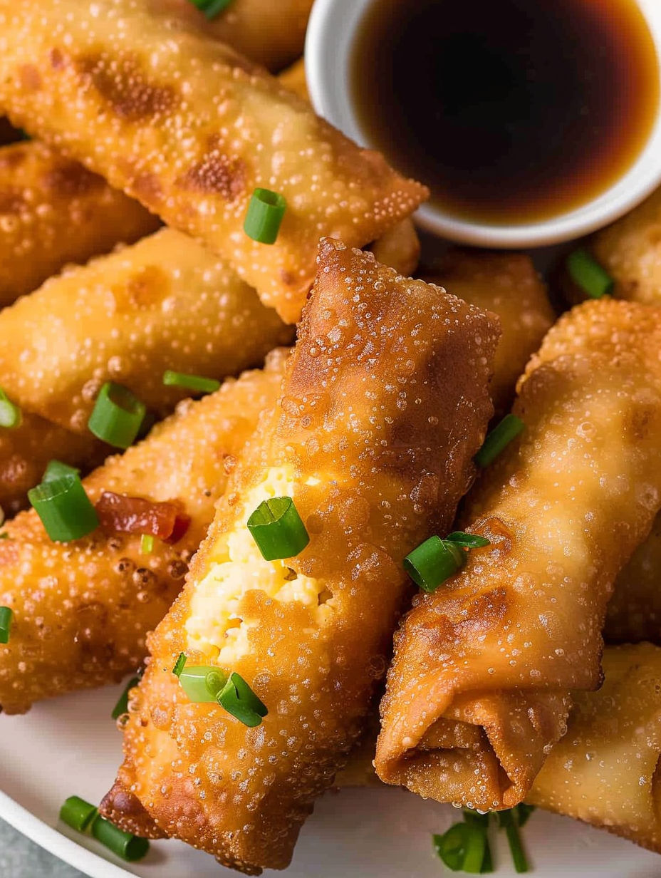 A plate of egg rolls with sauce.