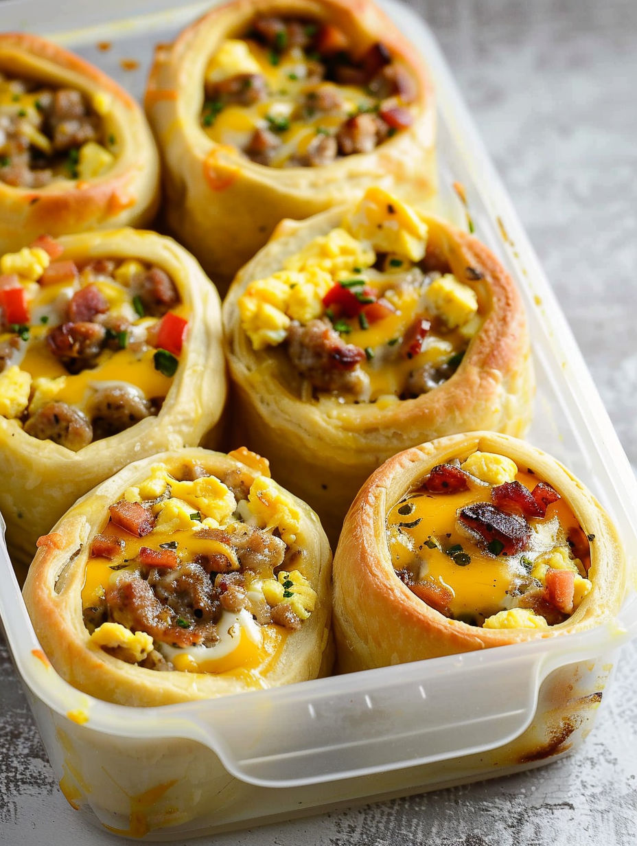 A plastic container filled with breakfast rolls.