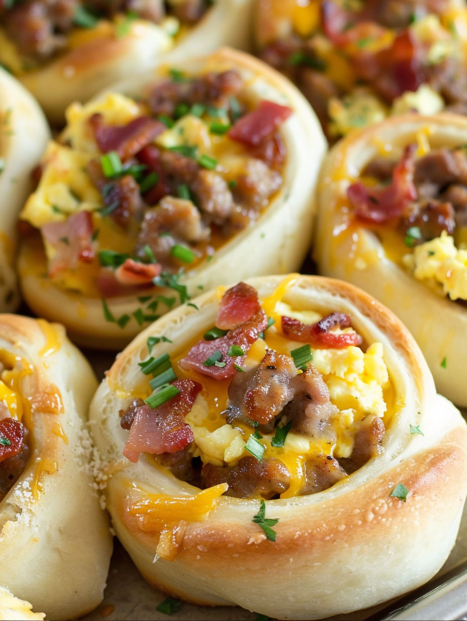 A plate of breakfast rolls with meat and cheese.