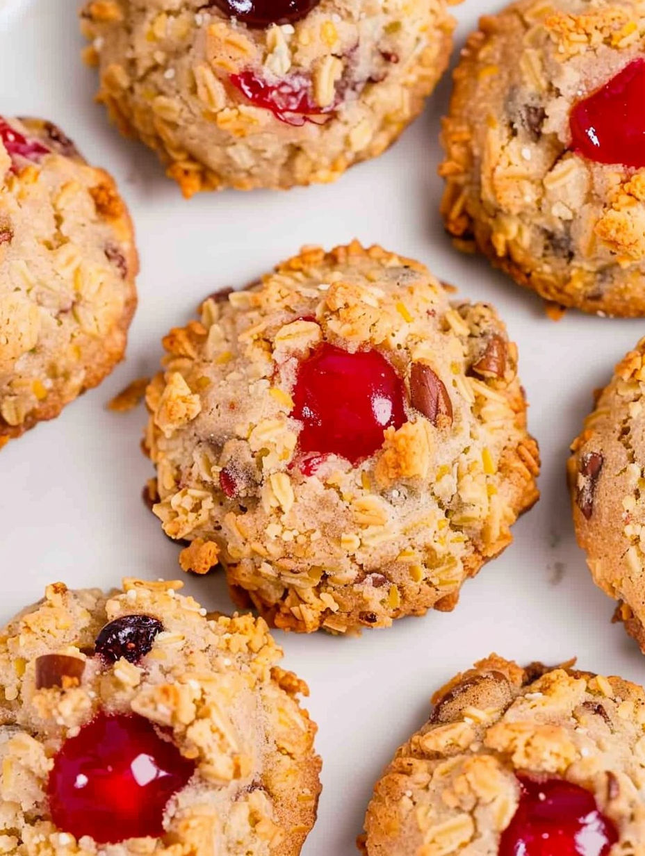 A close up of a cookie with a cherry in the middle.