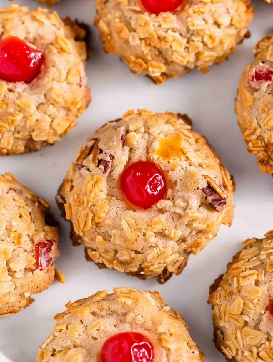 A close up of a cherry wink cookie.