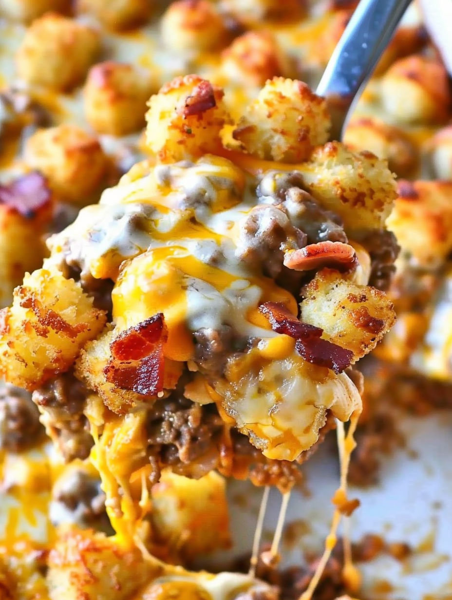 A close up of a cheeseburger tater tot casserole.