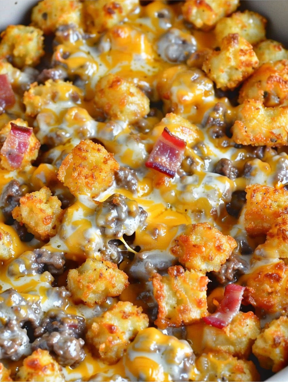A cheeseburger tater tot casserole with bacon bits on top.
