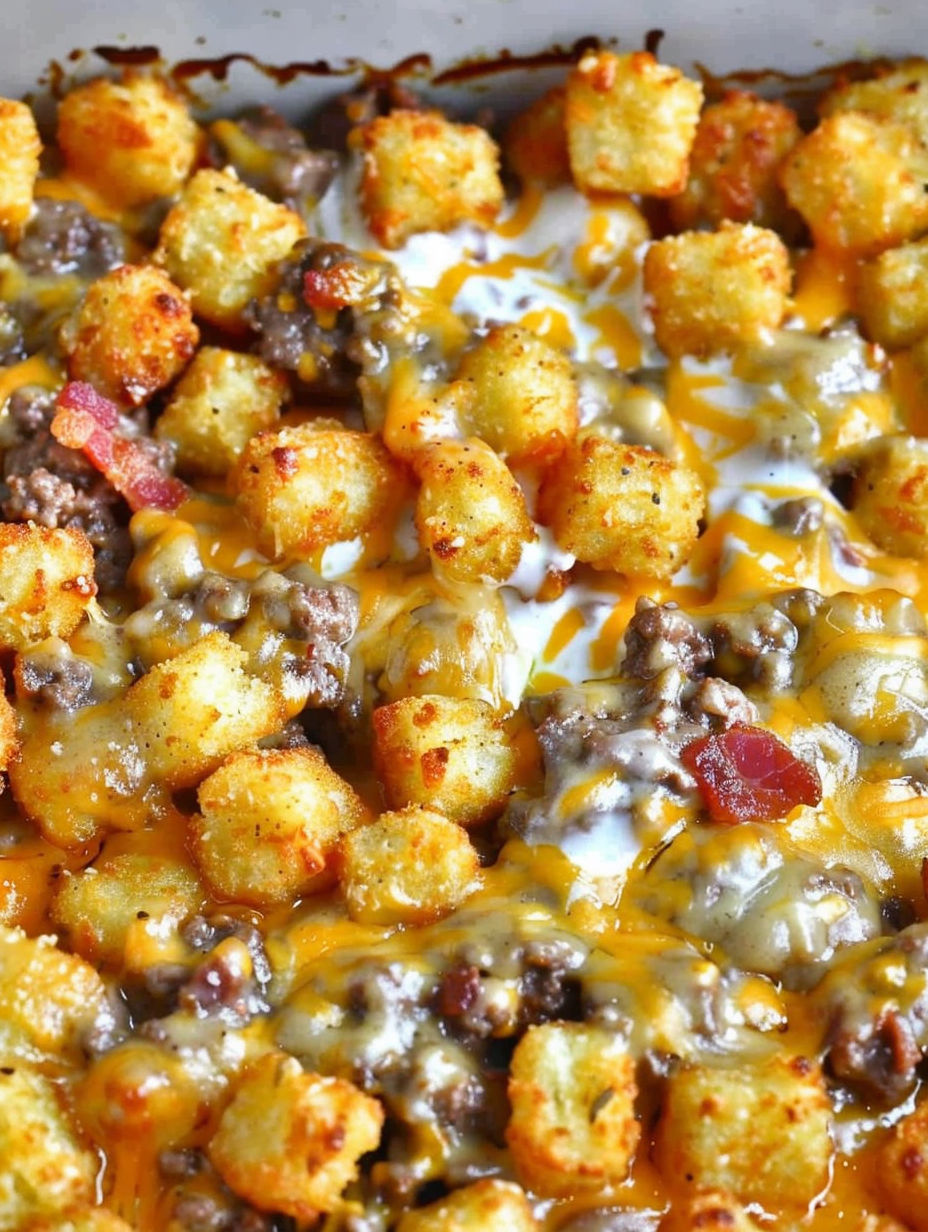 A close up of a cheeseburger tater tot casserole.