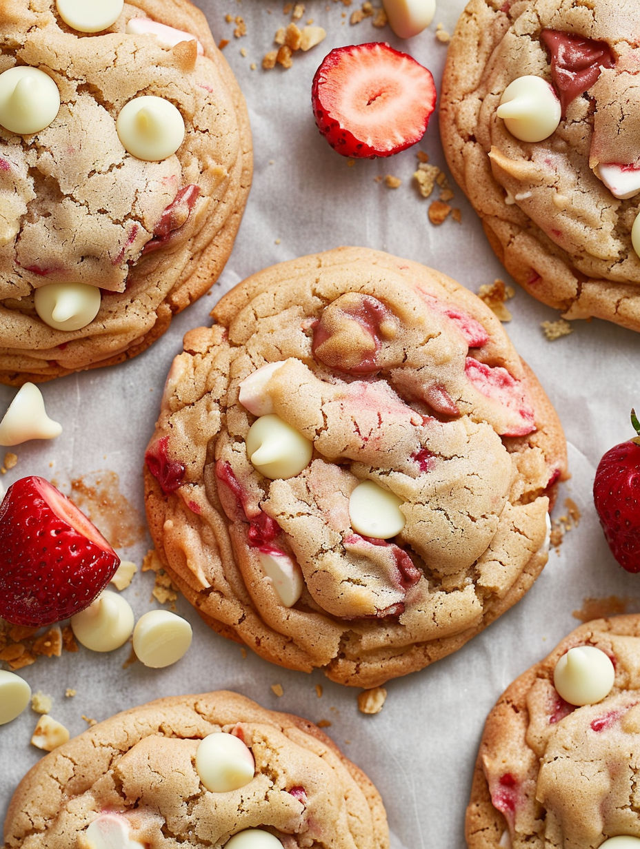 A close up of a cookie with white cream and strawberries.