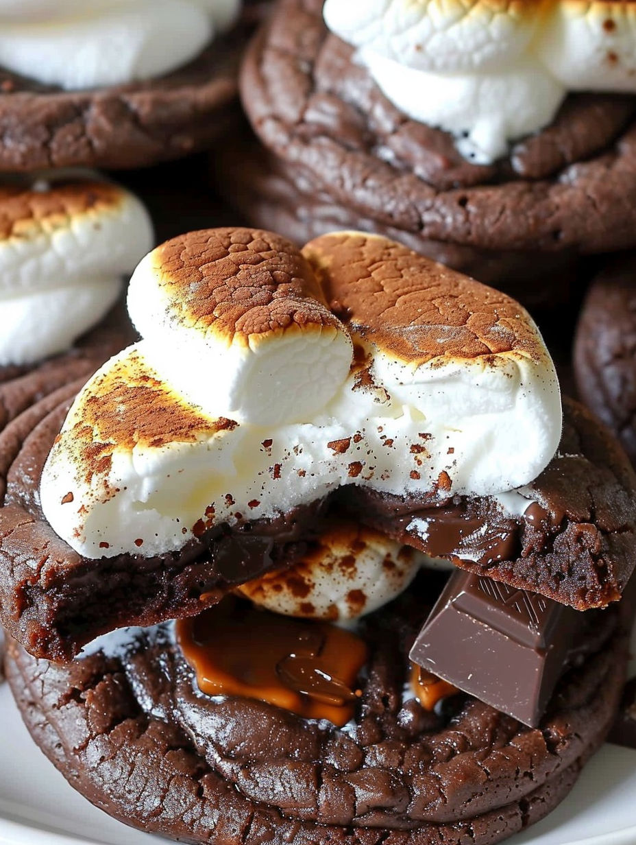 A chocolate chip cookie with white frosting and a marshmallow on top.