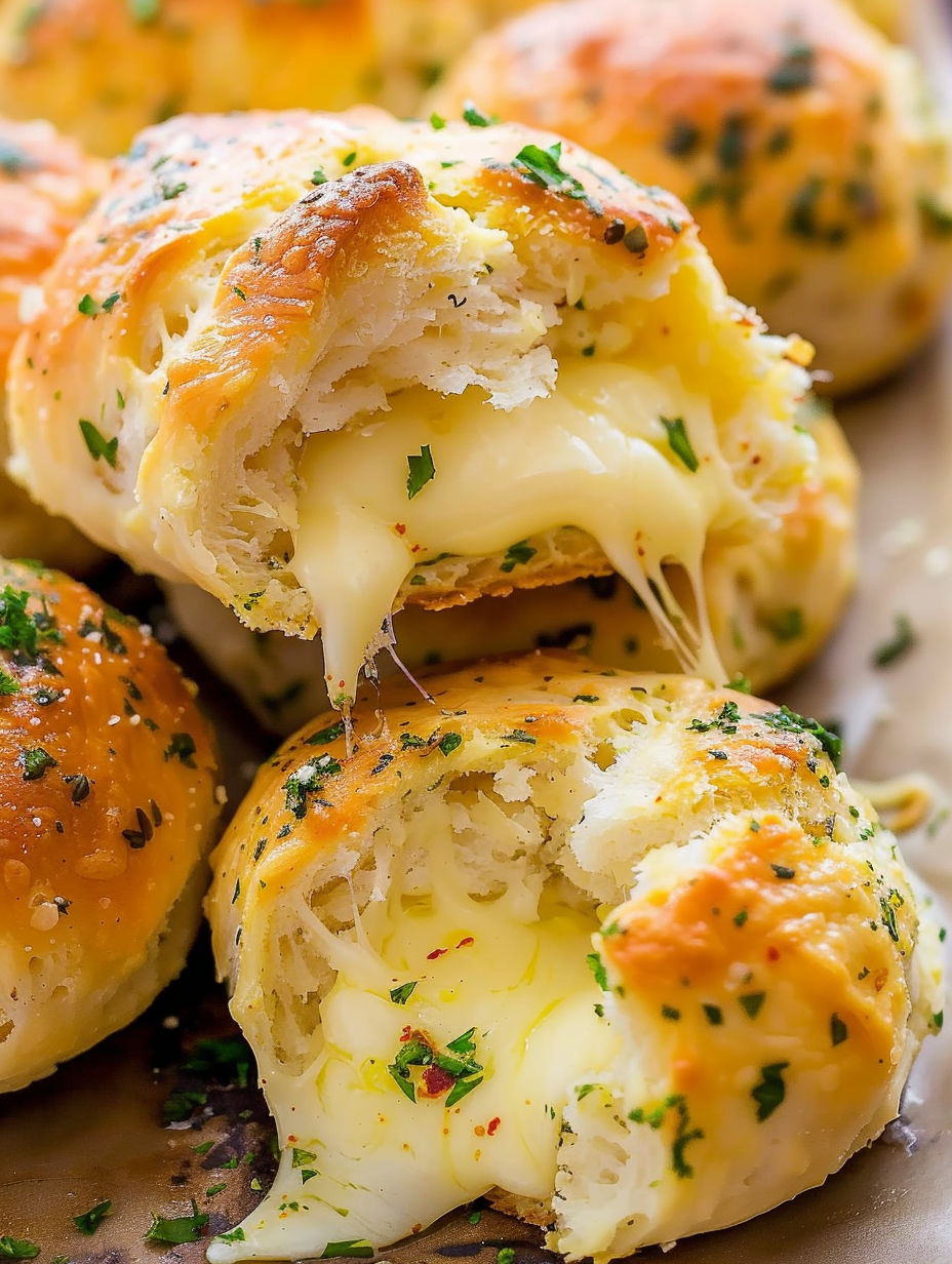 A close up of a stuffed cheese bread.