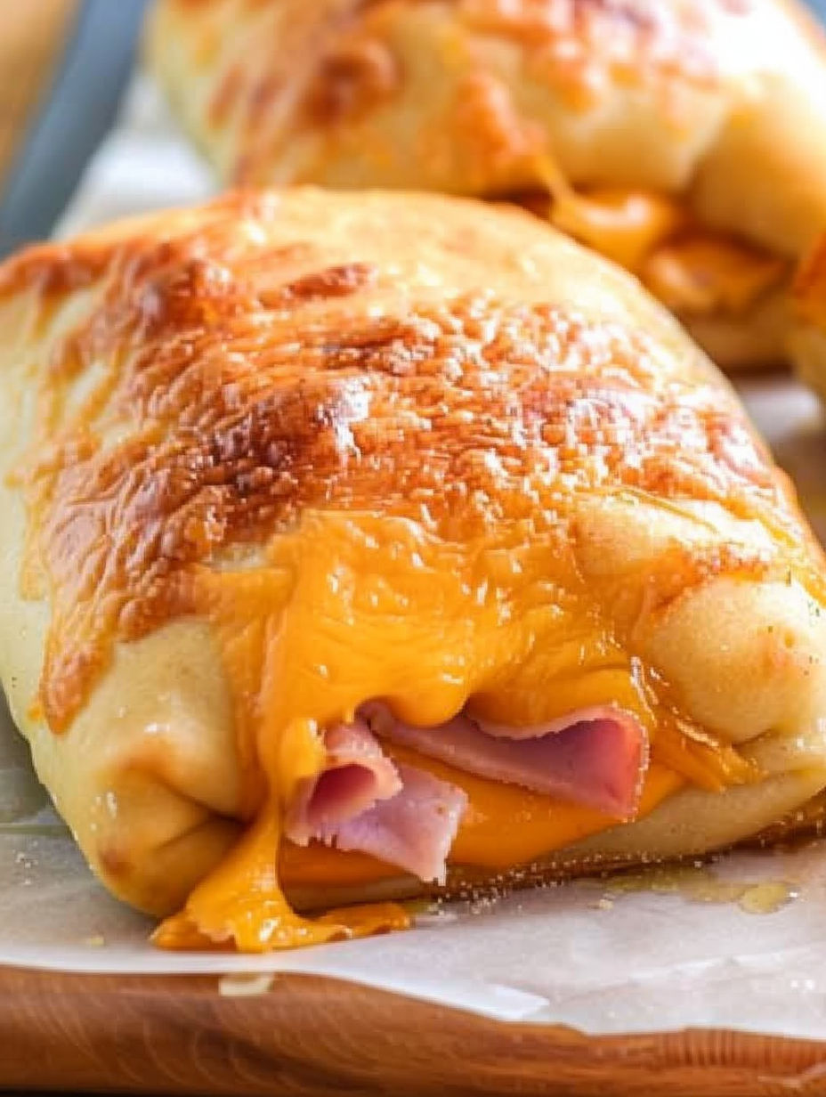 A close up of a hot ham and cheese roll.