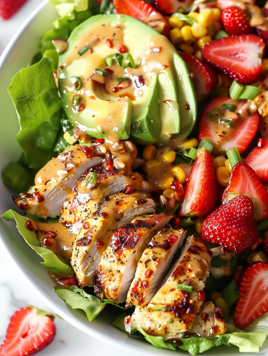 A bowl of chicken salad with avocado, corn, and strawberries.