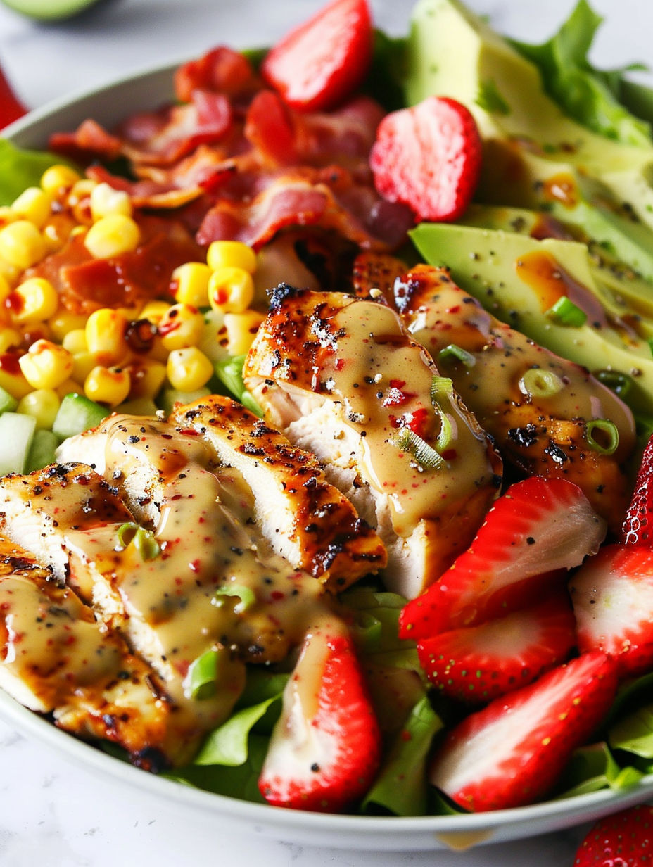 A bowl of food with chicken, strawberries, and lettuce.