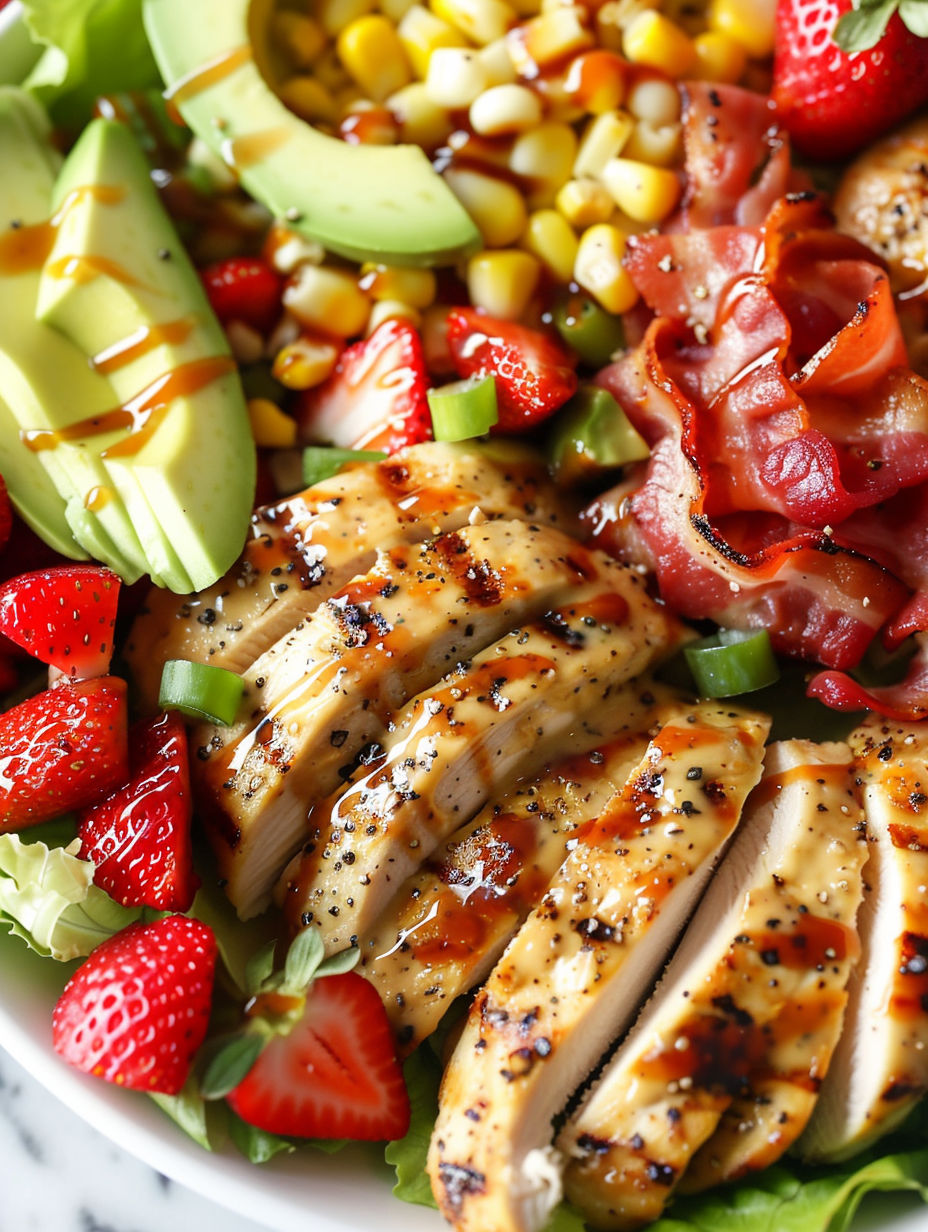 A bowl of chicken salad with honey mustard dressing.