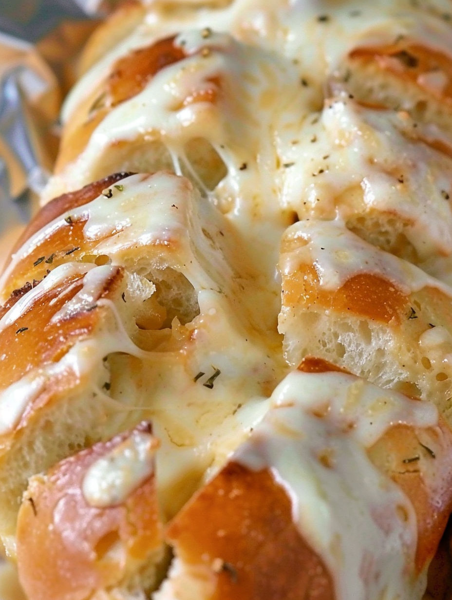 A close up of a garlic cheese bread.