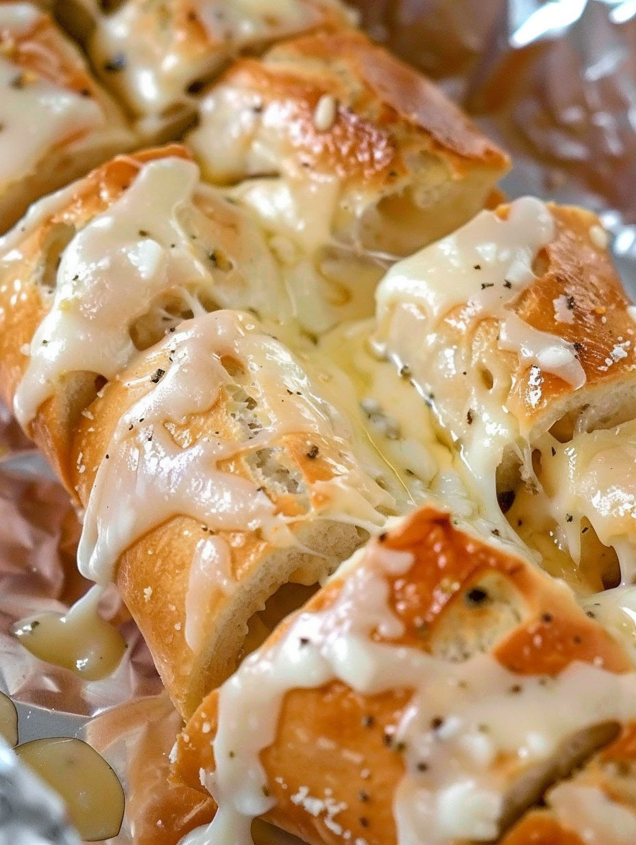 A close up of a cheese and herb stuffed bread.