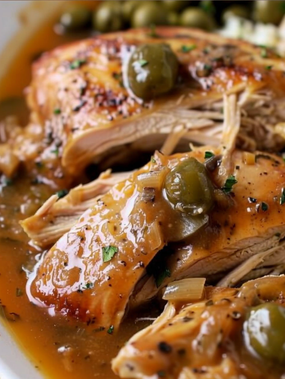 A close up of Mississippi chicken with green olives.