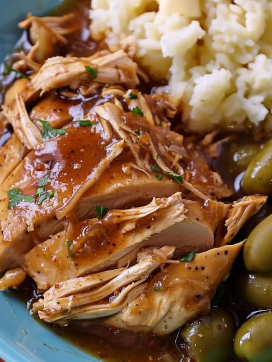 A plate of Mississippi chicken with gravy.