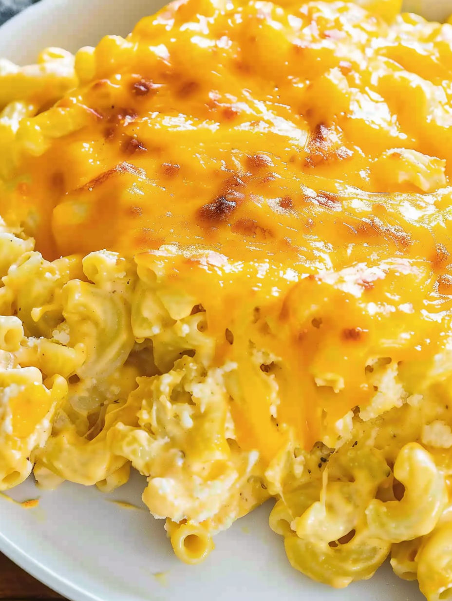 A baked mac and cheese dish.