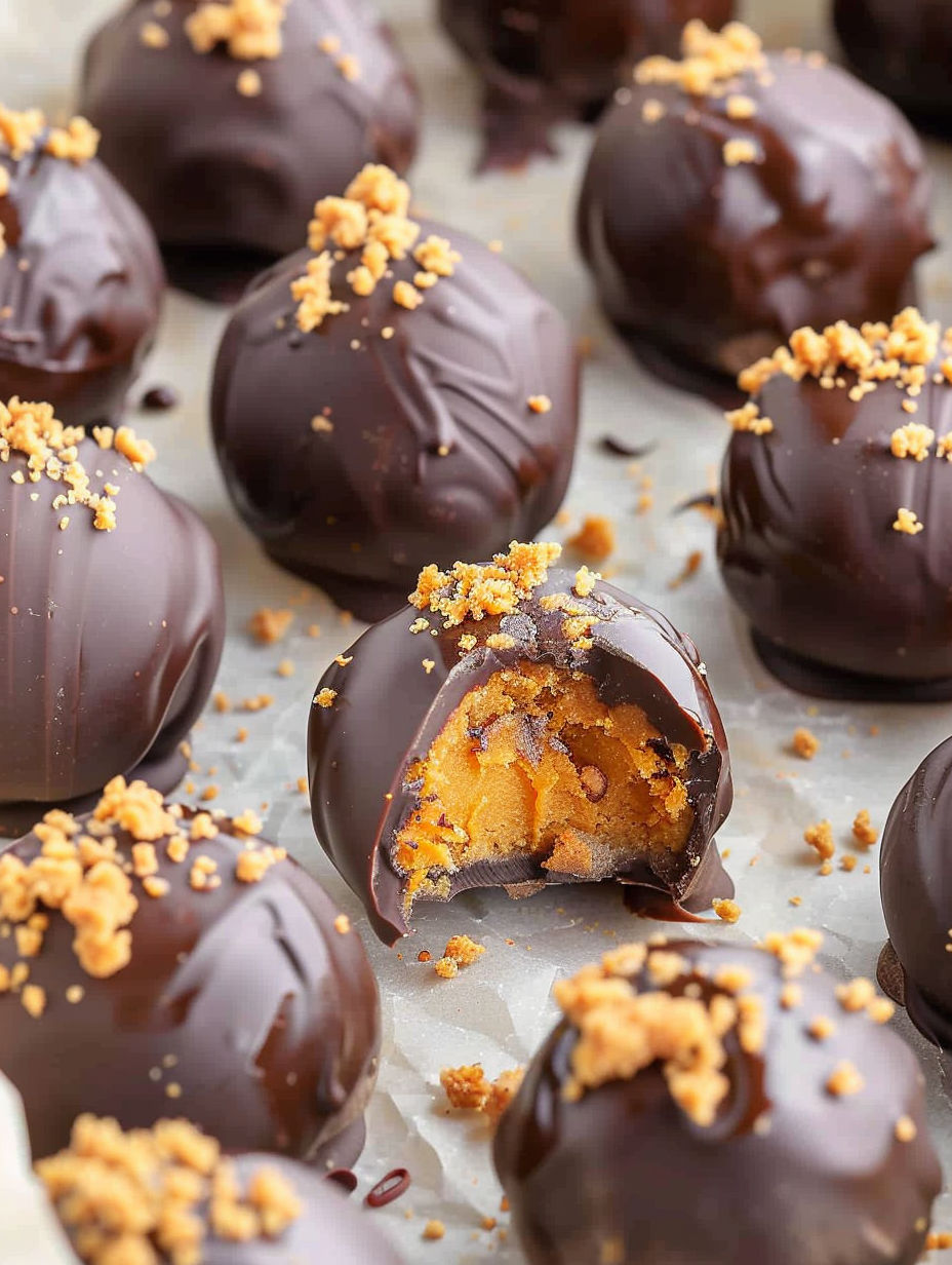 A close up of a chocolate truffle with a pumpkin filling.