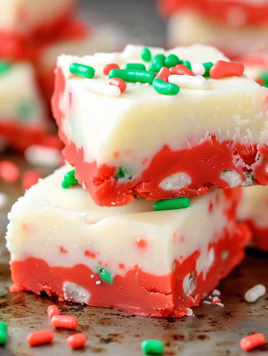 A piece of red and white cake with green and white sprinkles.