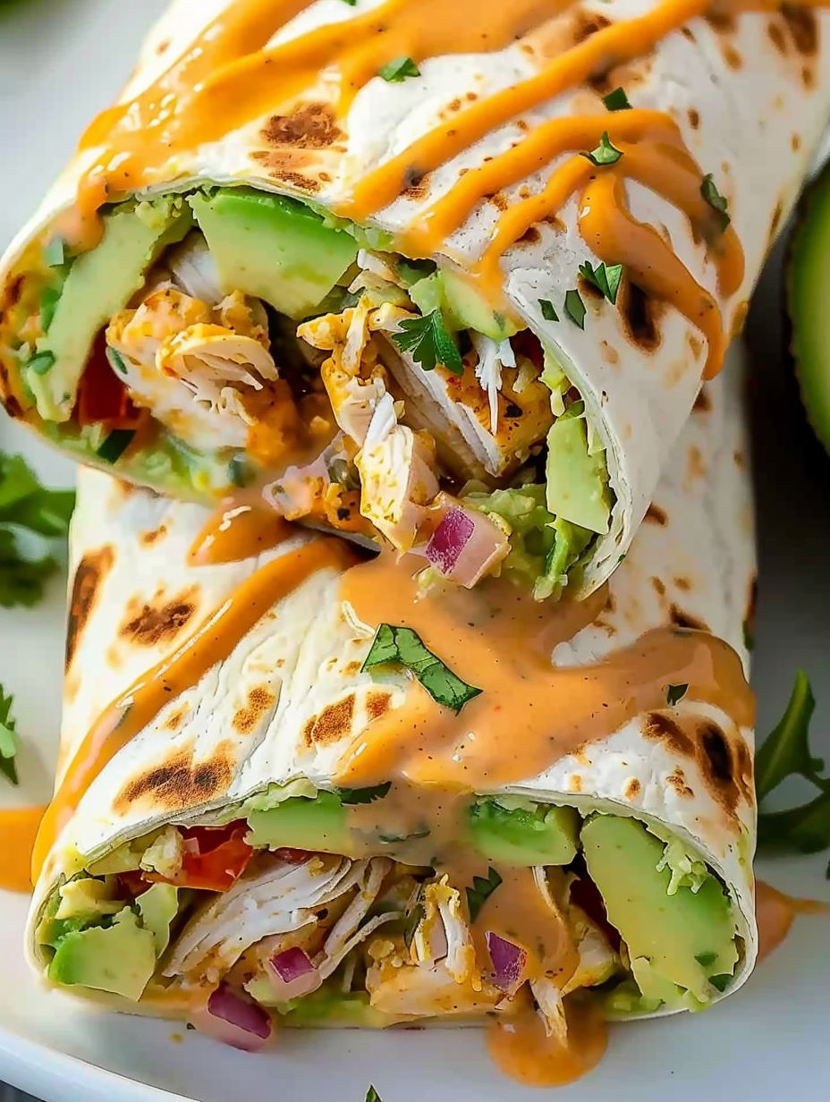 A cheesy chicken avocado wrap is shown on a plate.