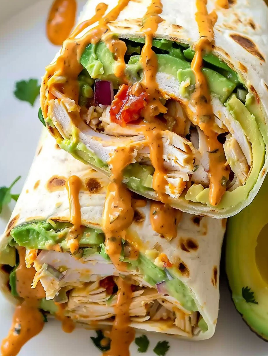 A cheesy chicken avocado wrap is a delicious lunch and dinner option.