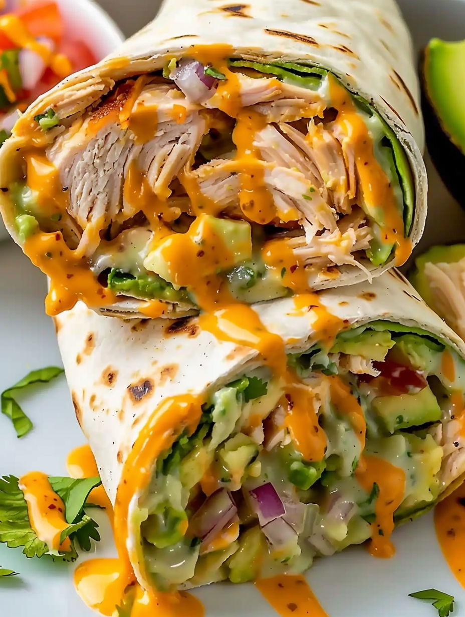 A cheesy chicken avocado wrap is displayed on a plate.