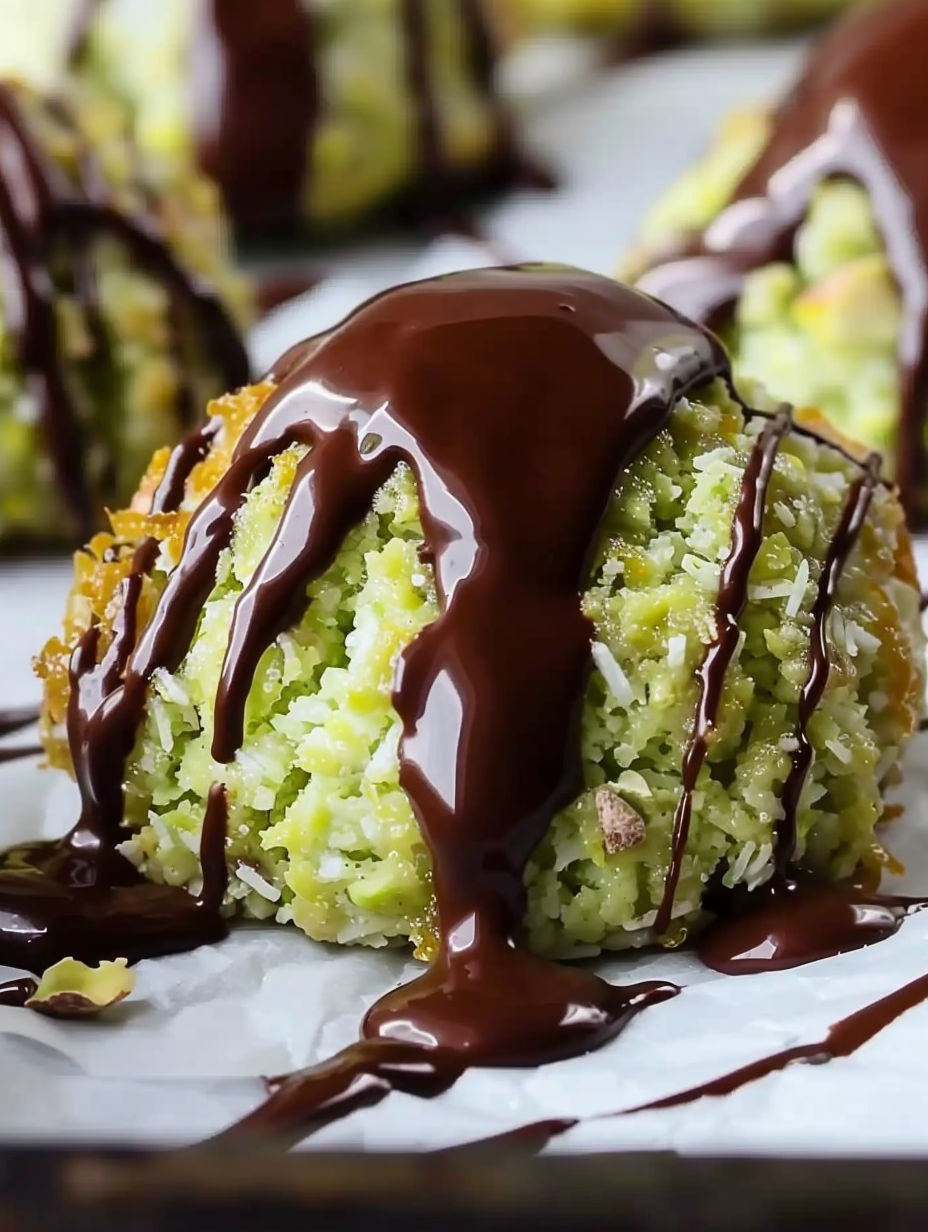 A chocolate drizzled pistachio coconut macaroon.